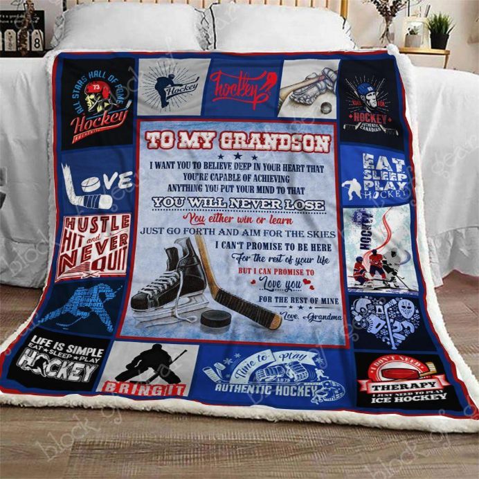 To My Grandson Ice Hockey Fleece Blanket Quilt Blanket For Grandson Family Blanket