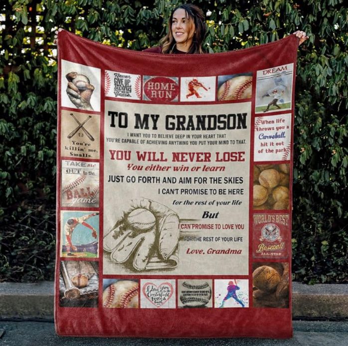 To My Grandson You Will Never Lose From Grandma To Grandson Fleece Blanket For Baseball Lovers For Grandson