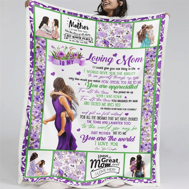 To My Loving Mom You Are The World Purple Flower Blanket For Mom From Daughter Birthday