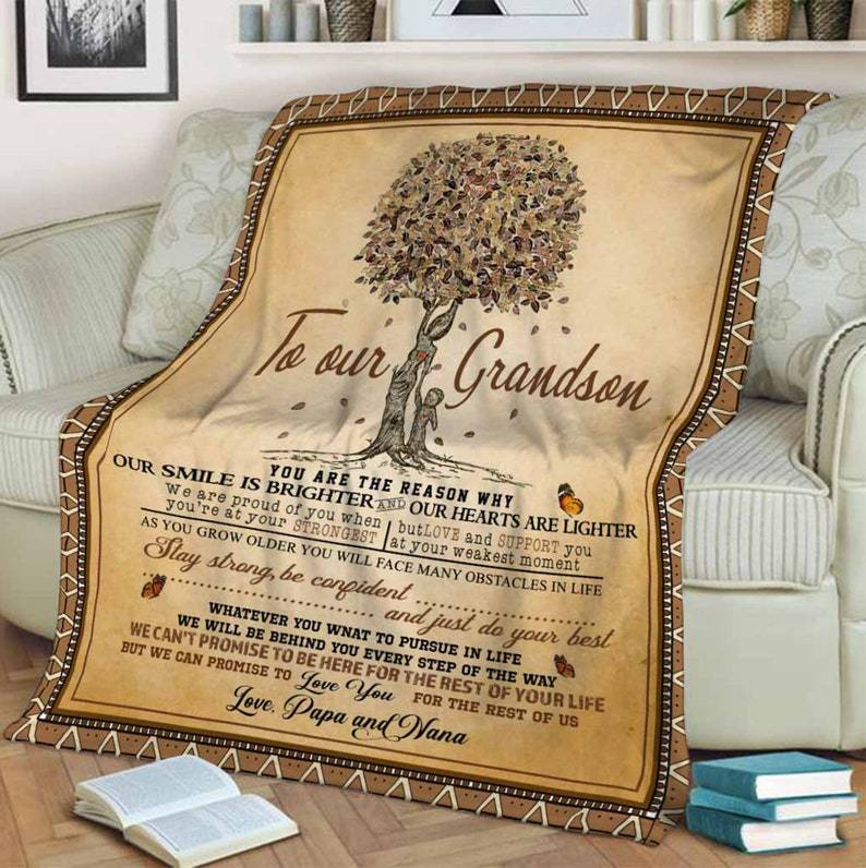 To Our Grandson You Are The Reason My Smile Fleece Blanket For Grandson Family Birthday