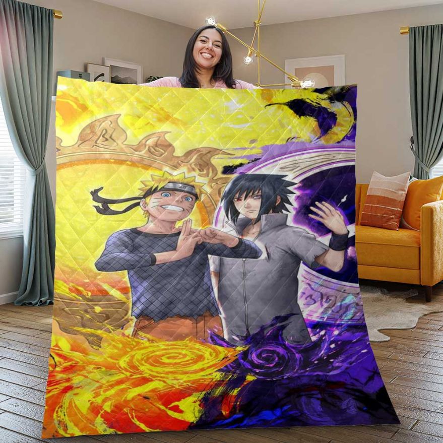 Uzumaki Naruto Uchiha Sasuke Quilt Blanket, Uzumaki Naruto Uchiha Sasuke Gift For Fan, Uzumaki Naruto Uchiha Sasuke Anime Quilt Blanket