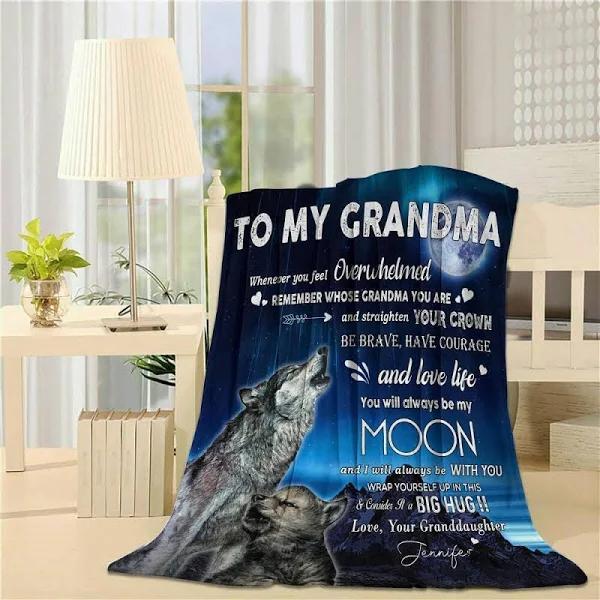 Whenever You Feel Overwhelmed Moon Wolf Blanket Personalized Grandma Family Fleece Blanket White Small (30x40in)