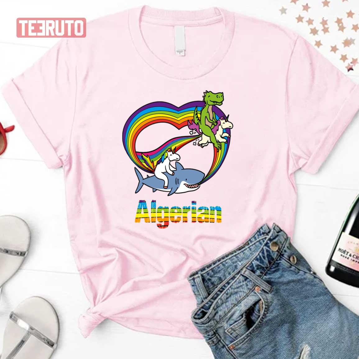 Algerian Dinosaur Riding Unicorn T-Rex Racing Shark Rainbow Unisex T-Shirt
