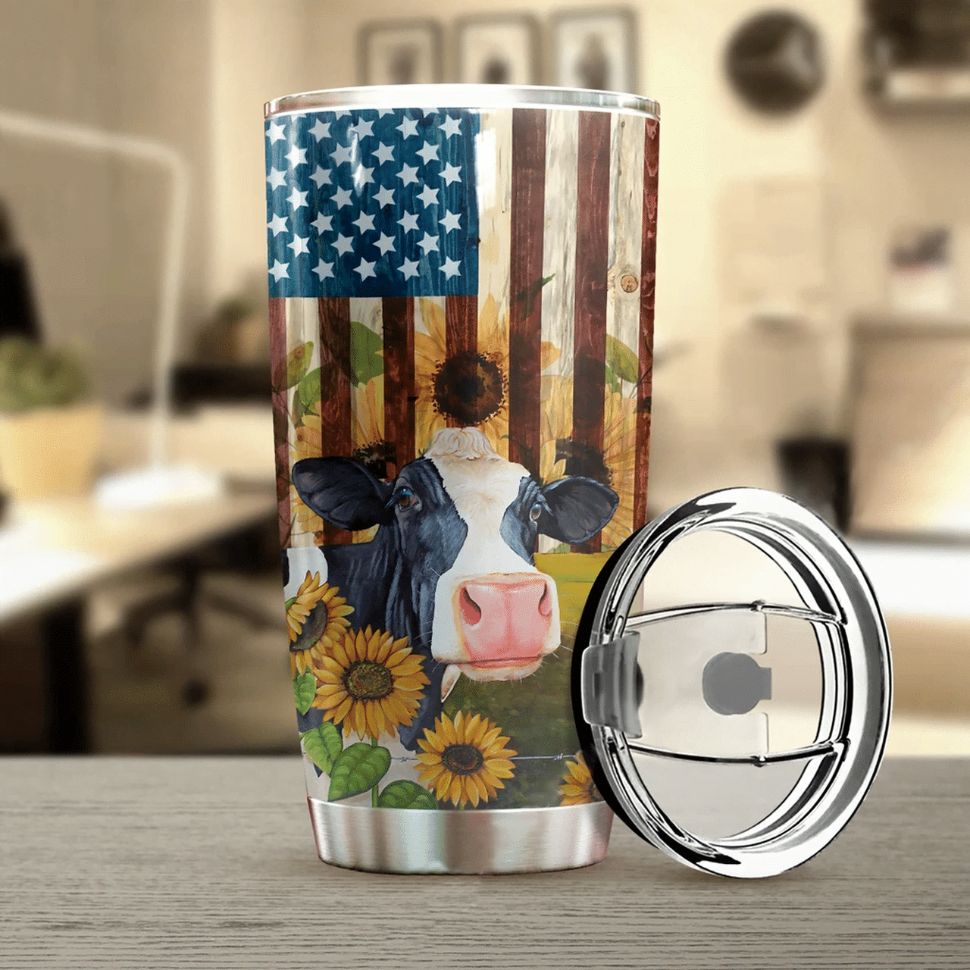 Cow Sunflower America Flag Stainless Steel Cup Tumbler