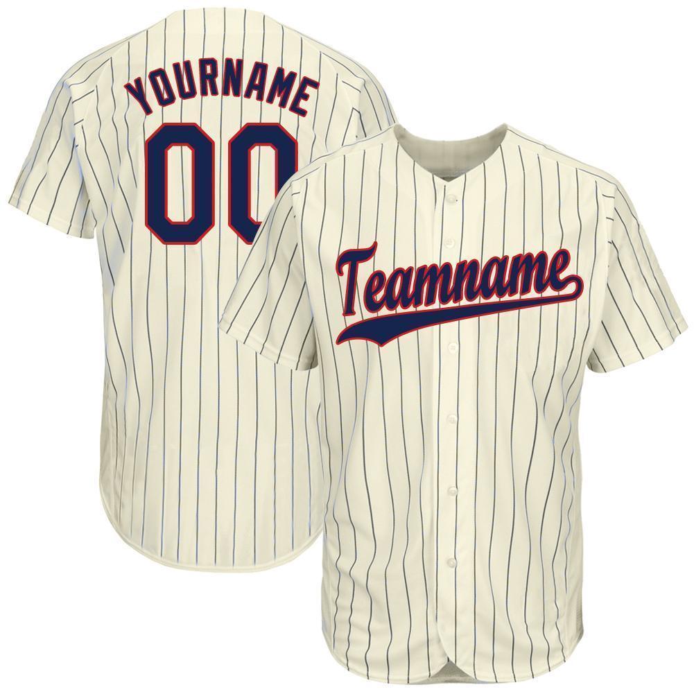 Custom Personalized Cream Navy Strip Navy Red Baseball Jersey