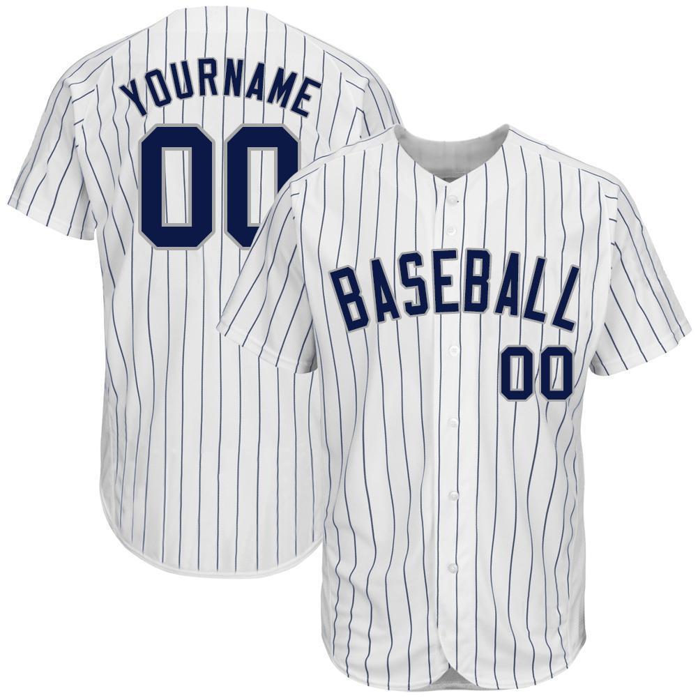 Custom Personalized White Navy Strip Navy Gray Baseball Jersey - Teeruto