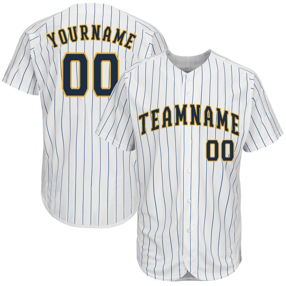 Custom Personalized White Royal Strip Navy Gold Baseball Jersey