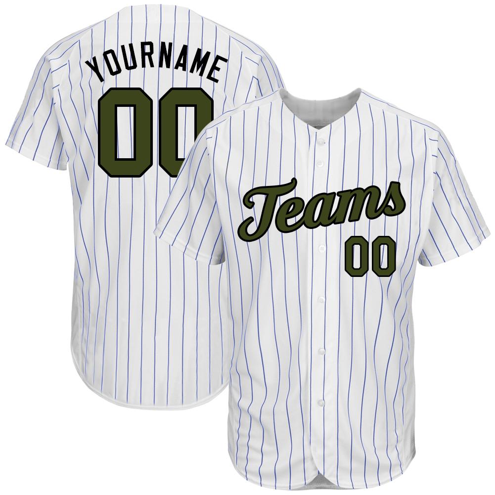 Custom Personalized White Royal Strip Olive Black Memorial Day Baseball Jersey