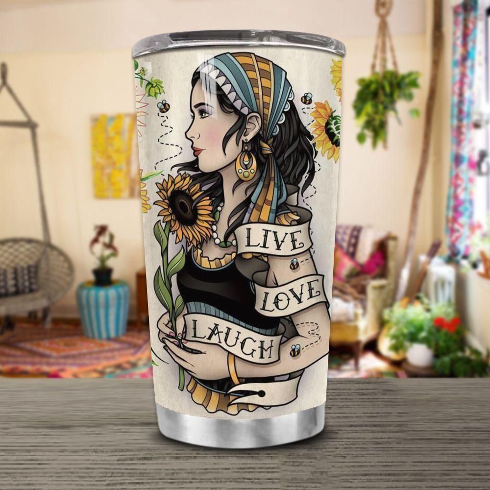 Hippie Sunflower Girl Stainless Steel Cup Tumbler