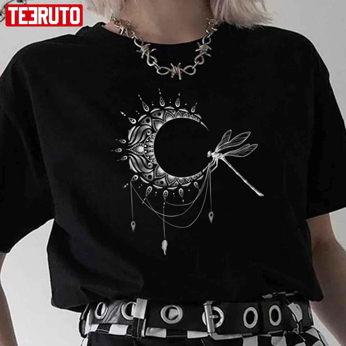 Intricate Half Crescent Moon With Dragonfly Tattoo Unisex T-Shirt