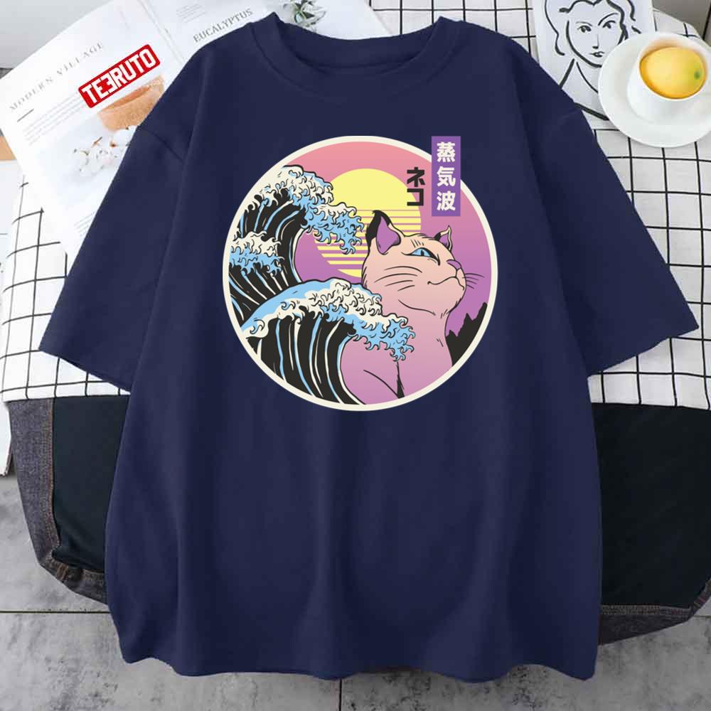 Japanese Vaporwave Cat With Tsunami And Sunset Unisex T-Shirt