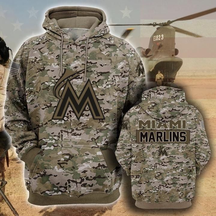 Miami Marlins Camouflage Veteran 3d Cotton Hoodie