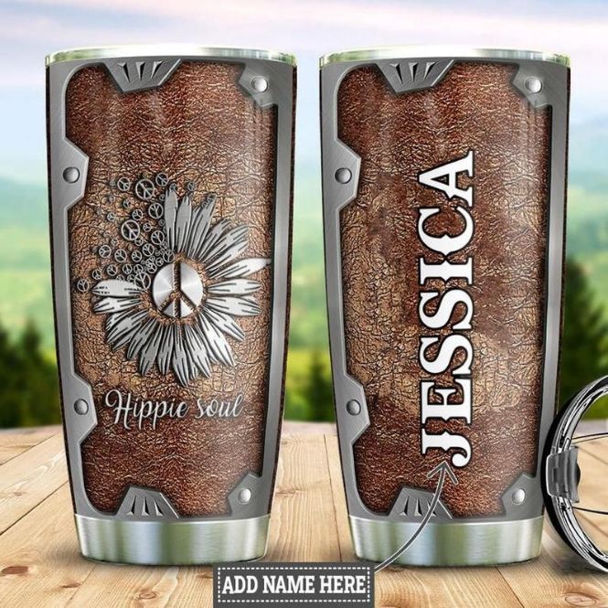 Personalized Hippie Sunflower Metal Leather Style Tumbler