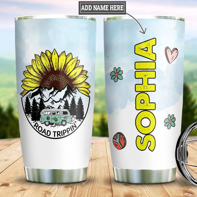 Personalized Hippie Sunflower Road Trippin Tumbler