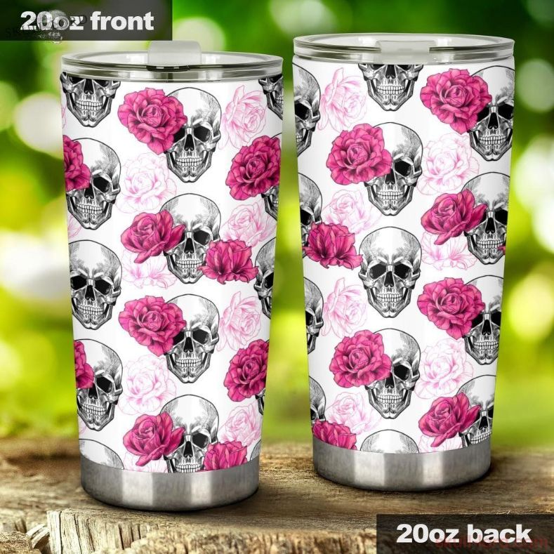 Pink Rose Skull Stainless Steel Cup Tumbler