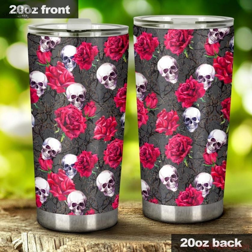Red Roses Skull Stainless Steel Cup Tumbler