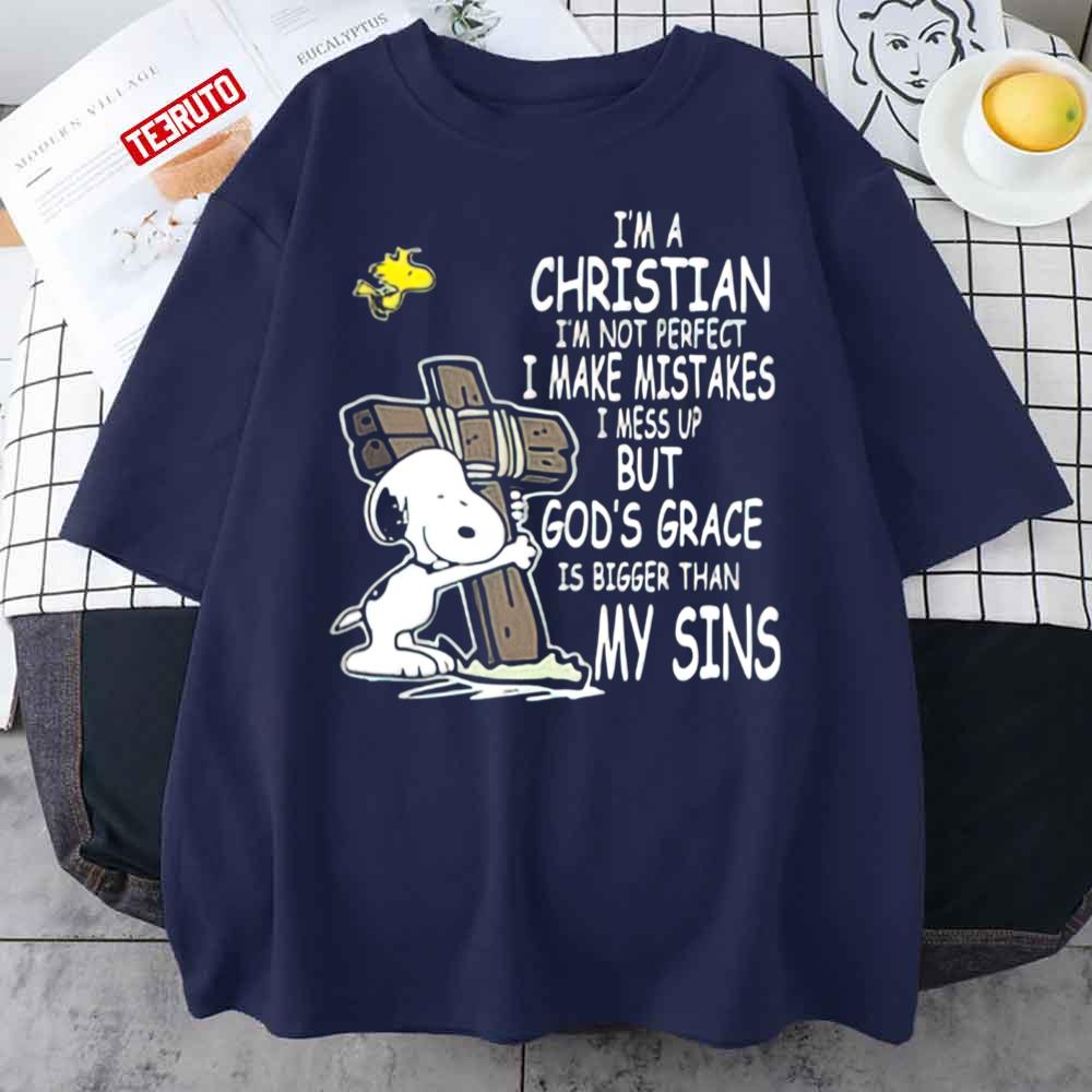 Snoopy I’m A Christian Not Perfect Makes Mistakes Mess Up But God’s Grace Is Bigger Than My Sins Unisex T-Shirt