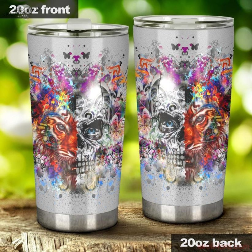Tiger Head With Half Skull Stainless Steel Cup Tumbler