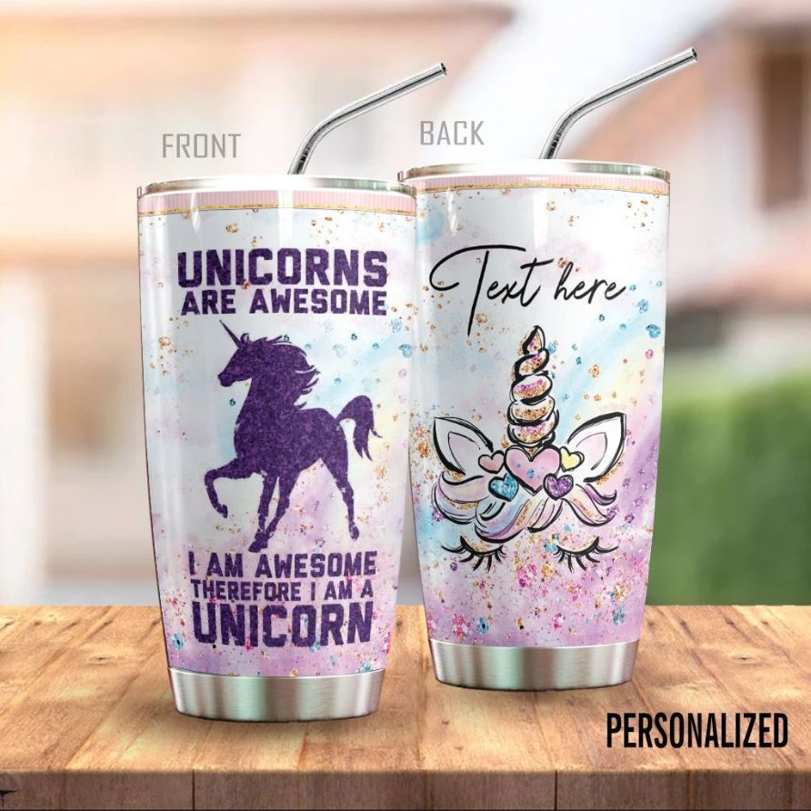 unicorn Personalized Stainless Steel 20oz. Tumbler with metal straw.