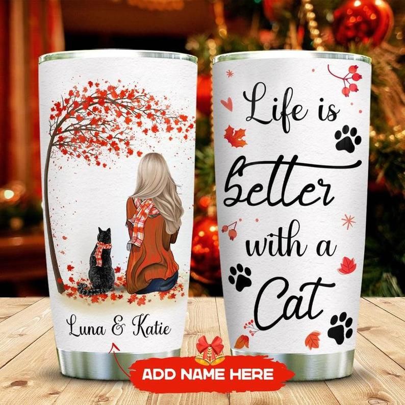 Winter With Your Cat Personalized Maple Leaves Tumbler