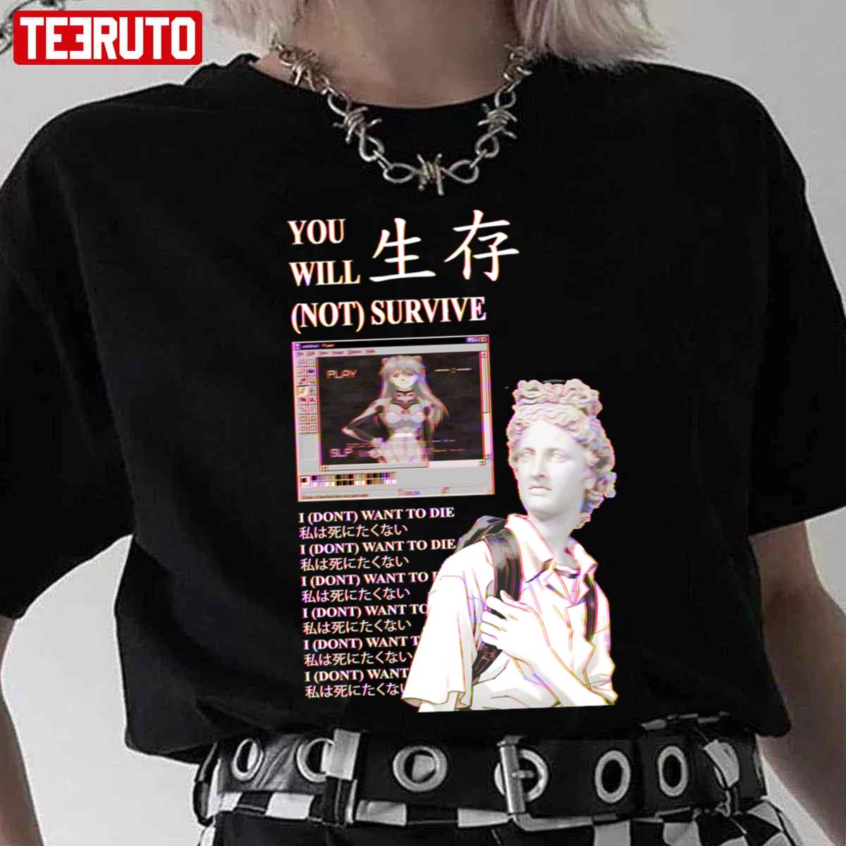 You Will Not Survive Evangelion Sad Japanese Anime Aesthetic Unisex T-Shirt