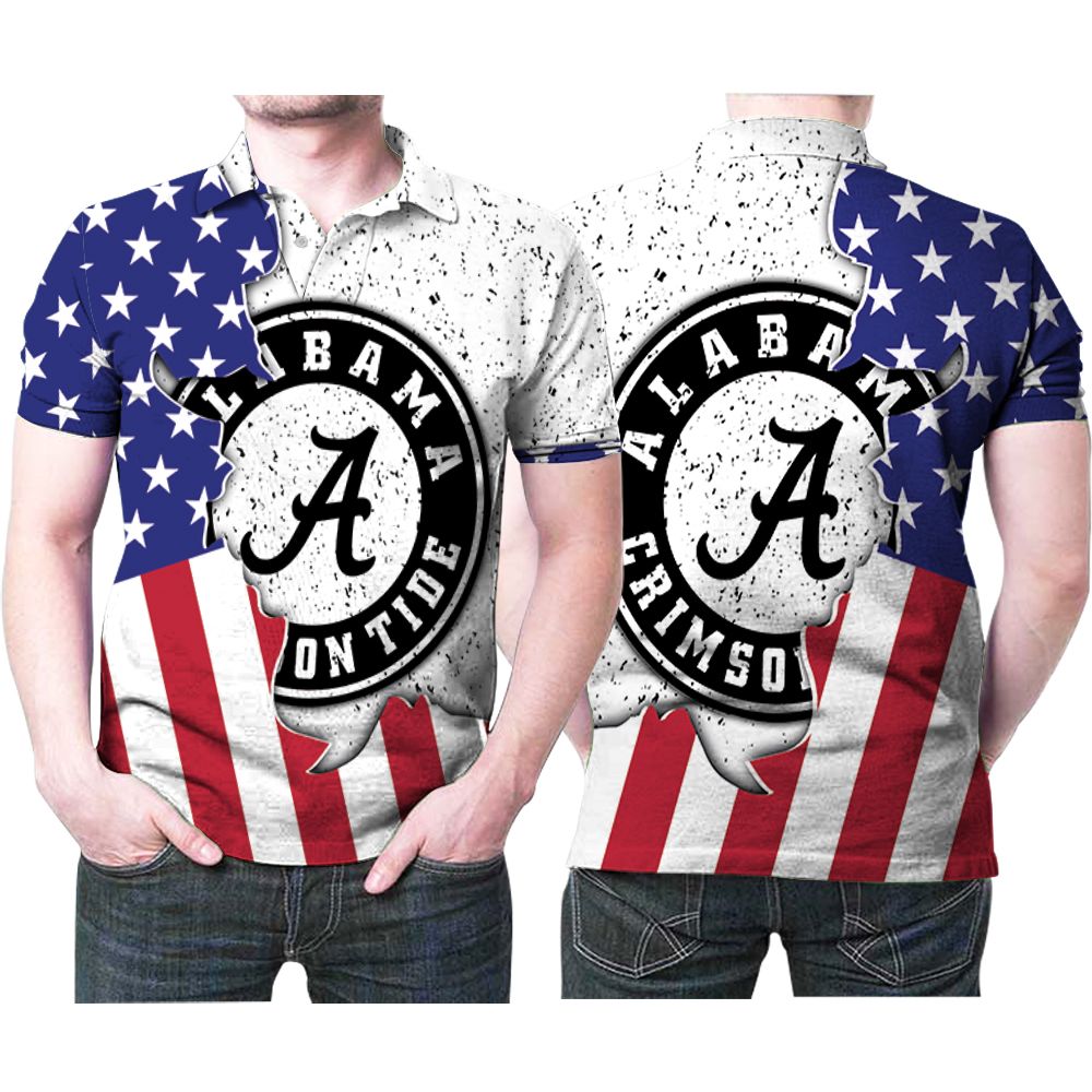 Alabama Crimson Tide Logo Behind Us Flag 3d Printed Gift For Alabama Crimson Tide Fan Polo Shirt All Over Print Shirt 3d T-shirt