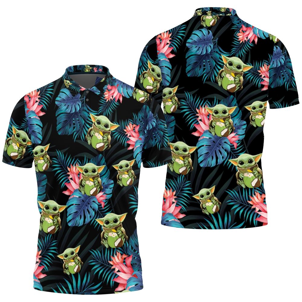 Baby Yoda Hugging Coconuts Seamless Tropical Blue Leaves On Black Polo Shirt All Over Print Shirt 3d T-shirt