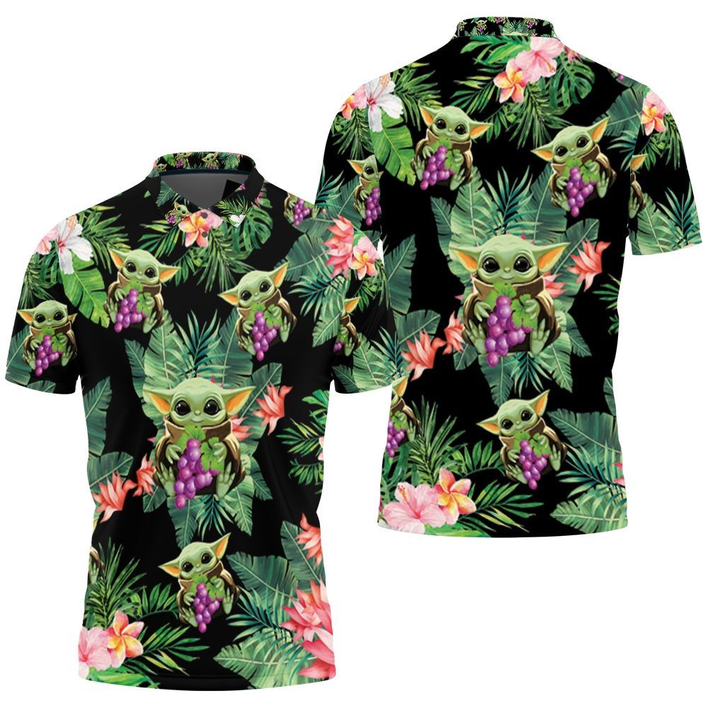 Baby Yoda Hugging Grapes Seamless Tropical Leaves Colorful Flowers On Black Polo Shirt All Over Print Shirt 3d T-shirt