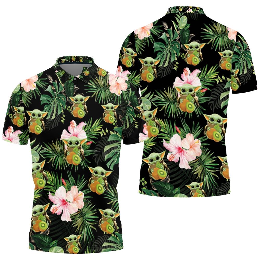 Baby Yoda Hugging Kiwis Seamless Tropical Colorful Flowers Green Leaves On Black Polo Shirt All Over Print Shirt 3d T-shirt