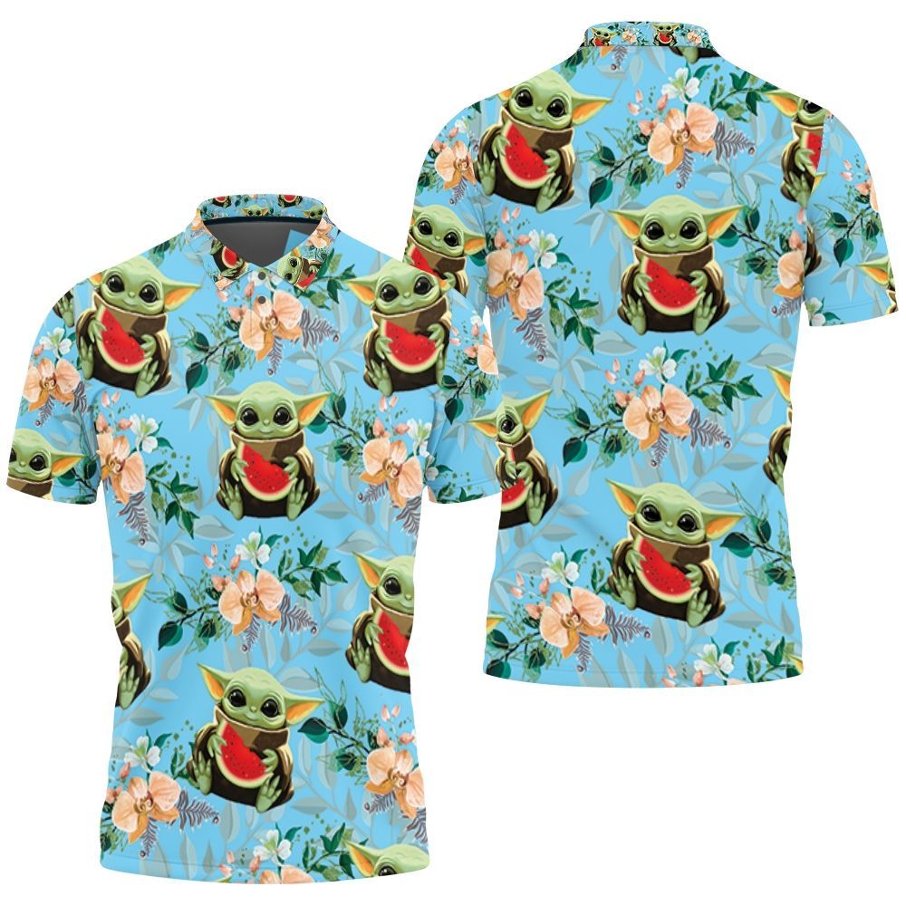 Baby Yoda Hugging Watermelons Seamless Tropical Colorful Flowers On Teal Polo Shirt All Over Print Shirt 3d T-shirt