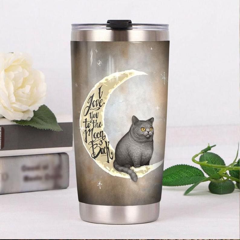 British Shorthair Cat I Love You Moon Gift For Lover Day Travel Tumbler