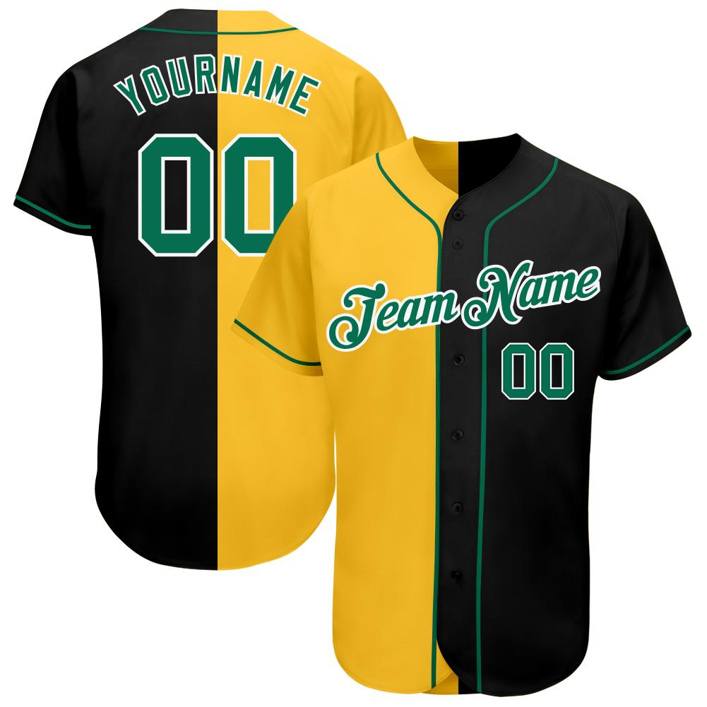 Custom Personalized Black Kelly Green Gold Split Fashion Baseball Jersey