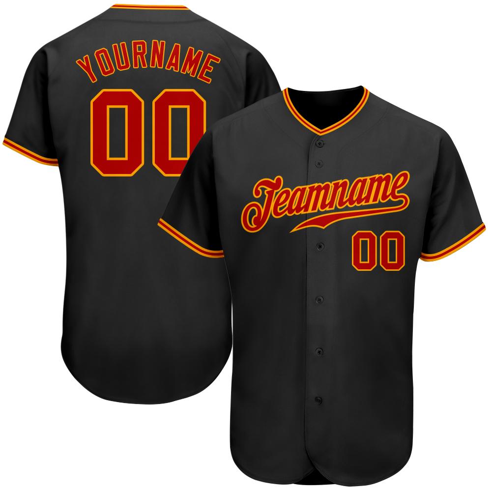 Custom Personalized Black Red Gold Baseball Jersey