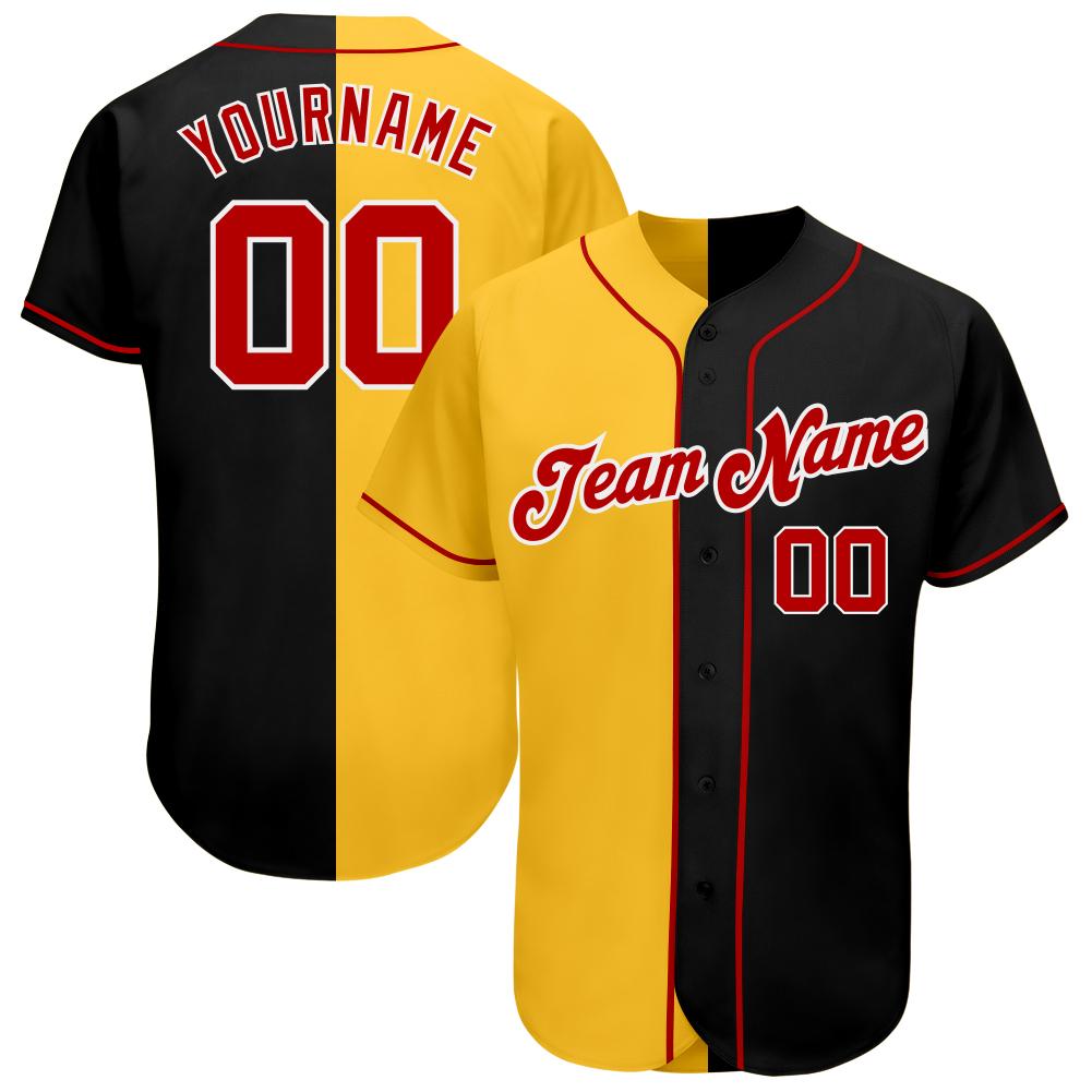 Custom Personalized Black Red Gold Split Fashion Baseball Jersey