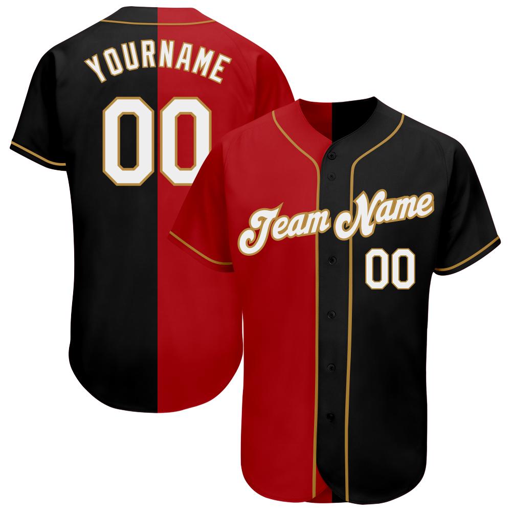 Custom Personalized Black White Red Old Gold Split Fashion Baseball Jersey