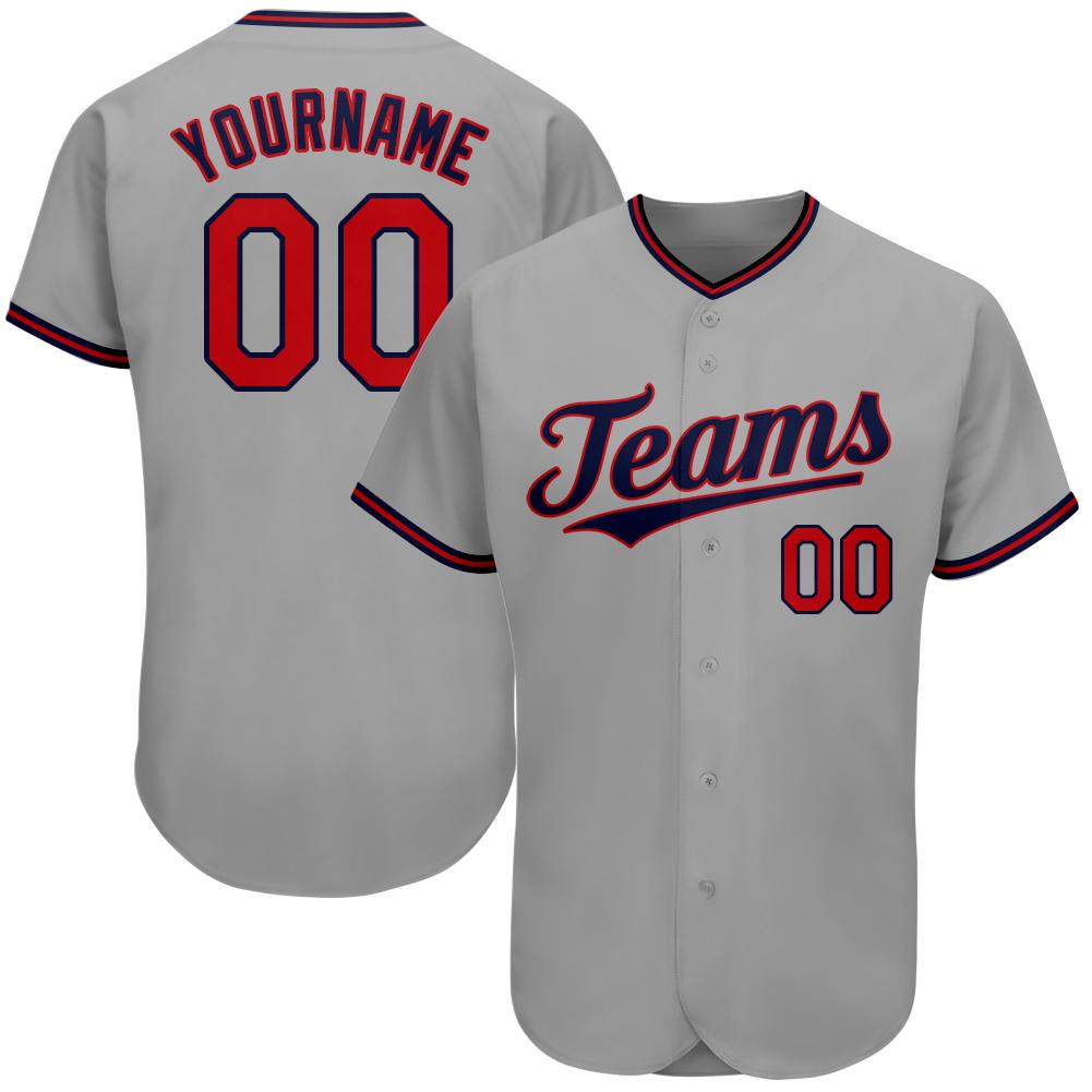 Custom Personalized Gray Red Navy Baseball Jersey