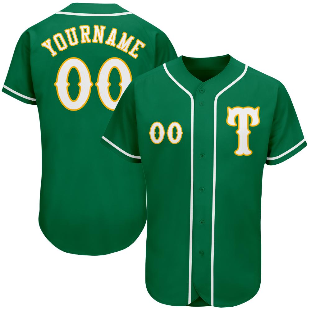 Custom Personalized Kelly Green White Gold Baseball Jersey