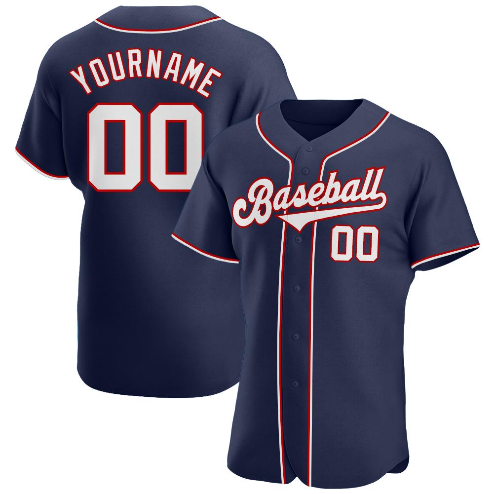 Custom Personalized Navy White Red Baseball Jersey