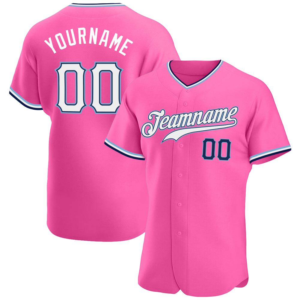 Custom Personalized Pink White Navy Baseball Jersey - Teeruto