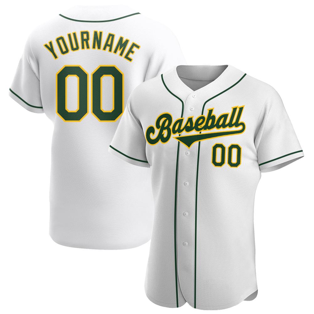 Custom Personalized White Green Gold Baseball Jersey