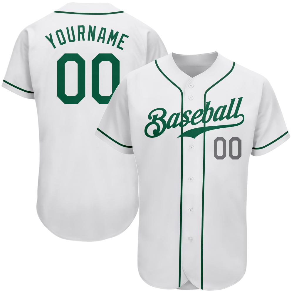 Custom Personalized White Kelly Green Light Gray Baseball Jersey