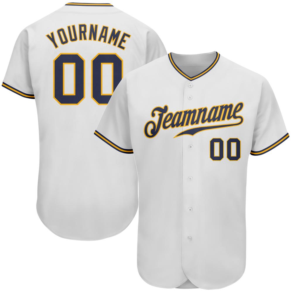 Custom Personalized White Navy Gold Baseball Jersey