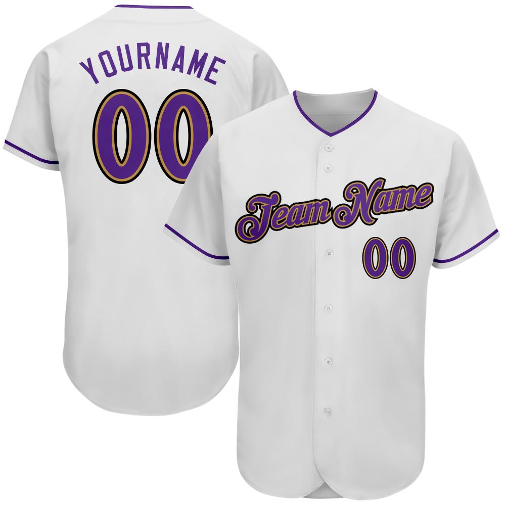 Custom Personalized White Purple Old Gold Baseball Jersey