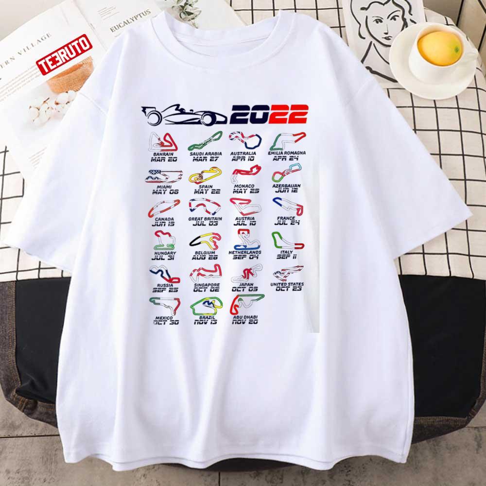 F1 2022 Season Detailed Calendar Formula One Car Racing Unisex T-Shirt