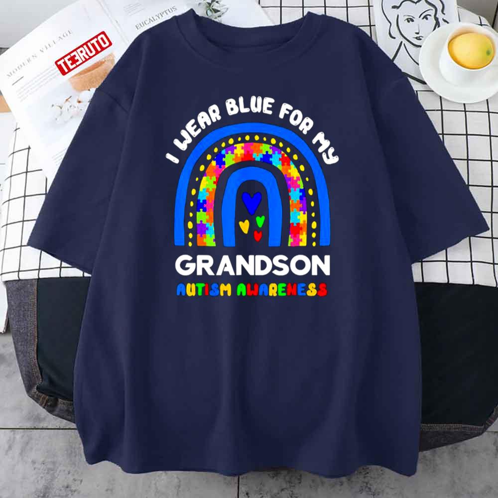 Funny I Wear Blue For My Grandson Autism Awareness Rainbow Puzzle Unisex T-Shirt