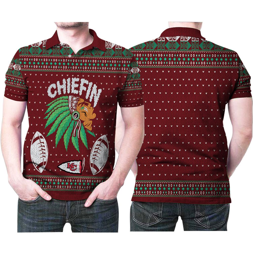 Kansas City Chiefs Chiefin Christmas Nfl Team Logo 3d Designed Allover Gift For Chiefs Fans Christmas Holiday Polo Shirt