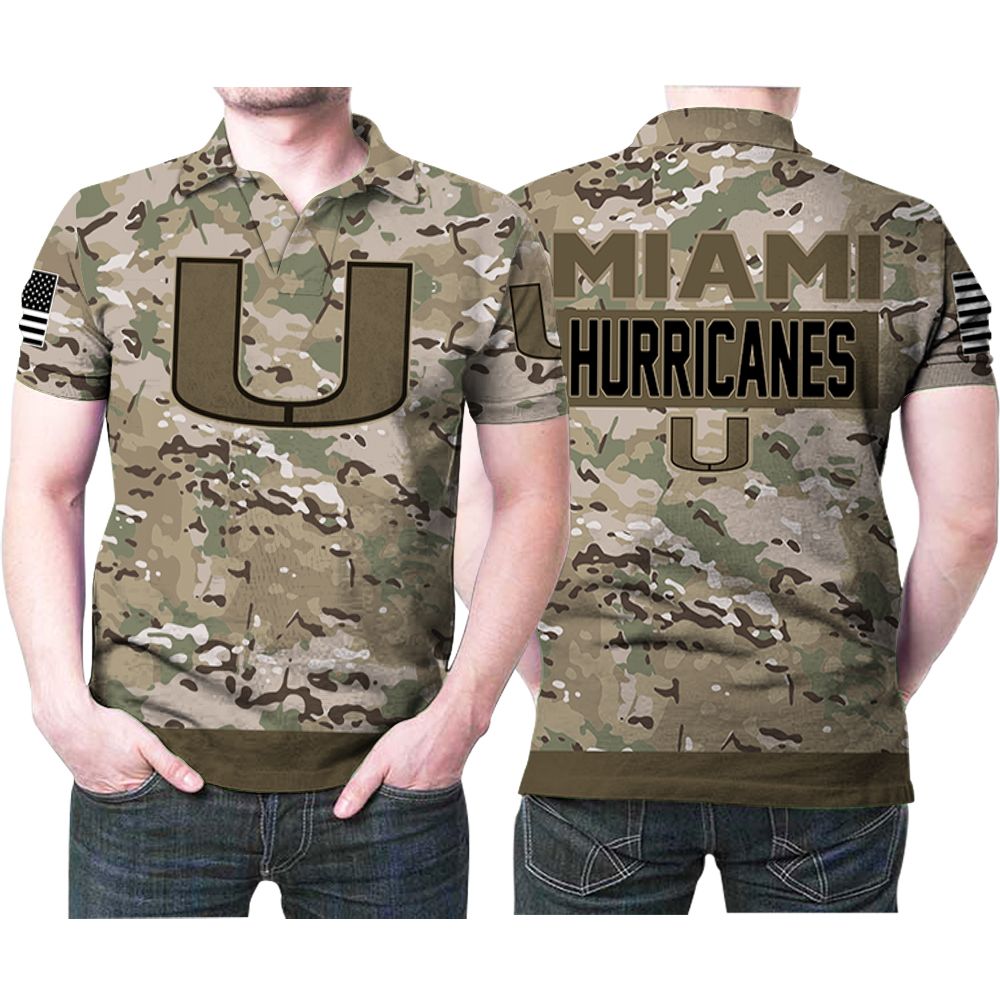 Miami Hurricanes Logo Camo Pattern Us Flag 3d Printed Gift For Miami Hurricanes Fan Polo Shirt All Over Print Shirt 3d T-shirt