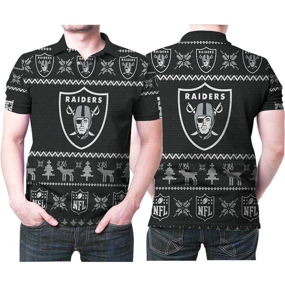 Oakland Raiders Nfl Ugly Christmas Deer Patterns 3d Printed Gift For Oakland Raiders Fan Polo Shirt All Over Print Shirt 3d T-shirt