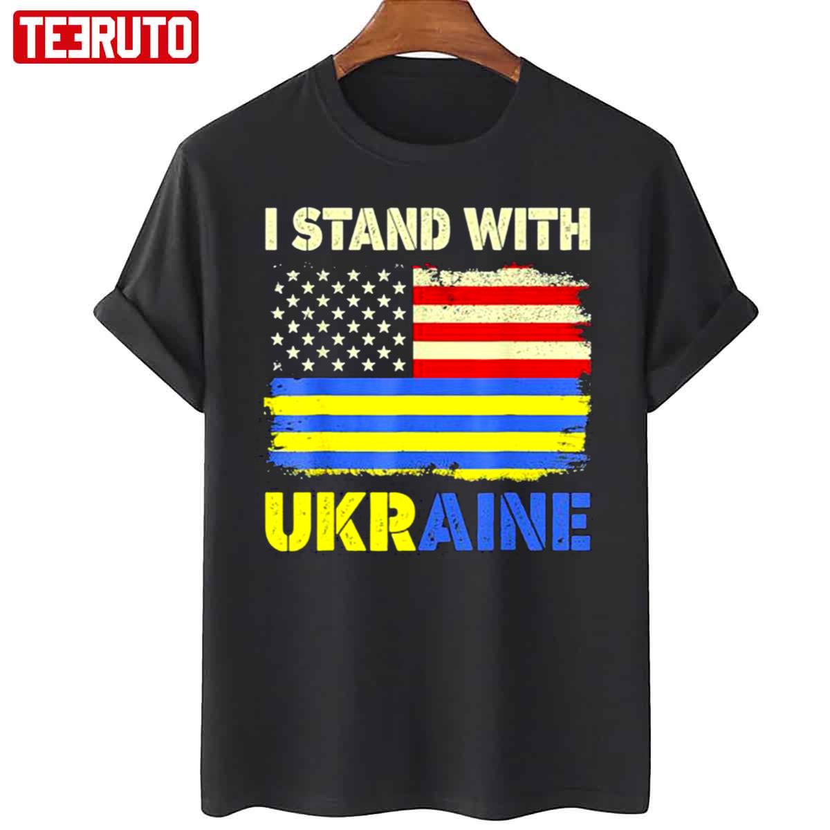 Premium I Stand With Ukraine Support Ukrainian American Flag Unisex T ...