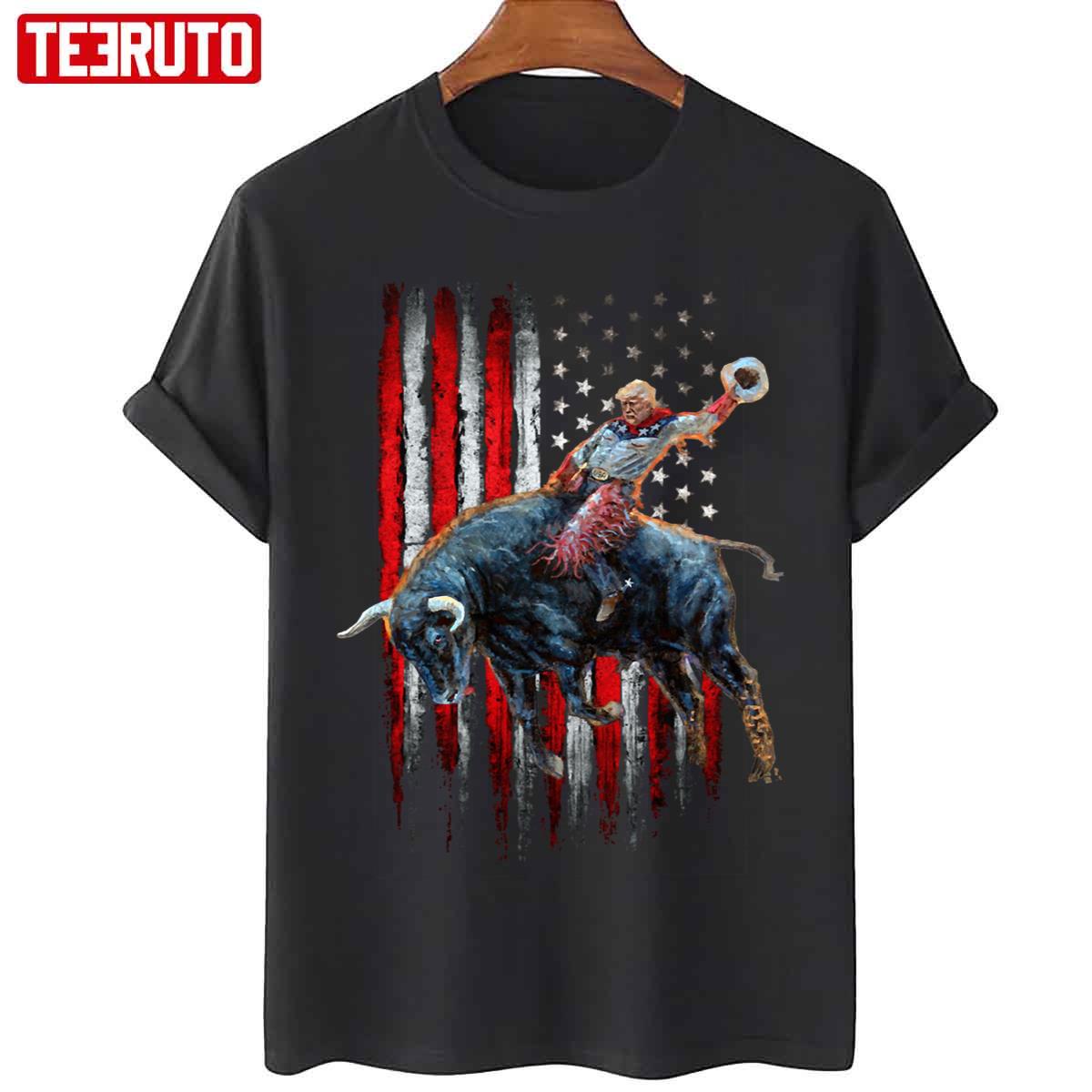 Trump Rodeo Bull Rider Patriotic American Flag Cowboys Unisex T-Shirt